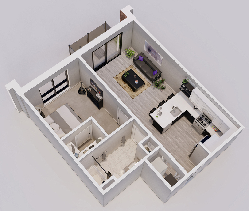 Floor plan for 1 bed, 1 bath, 632 sqft